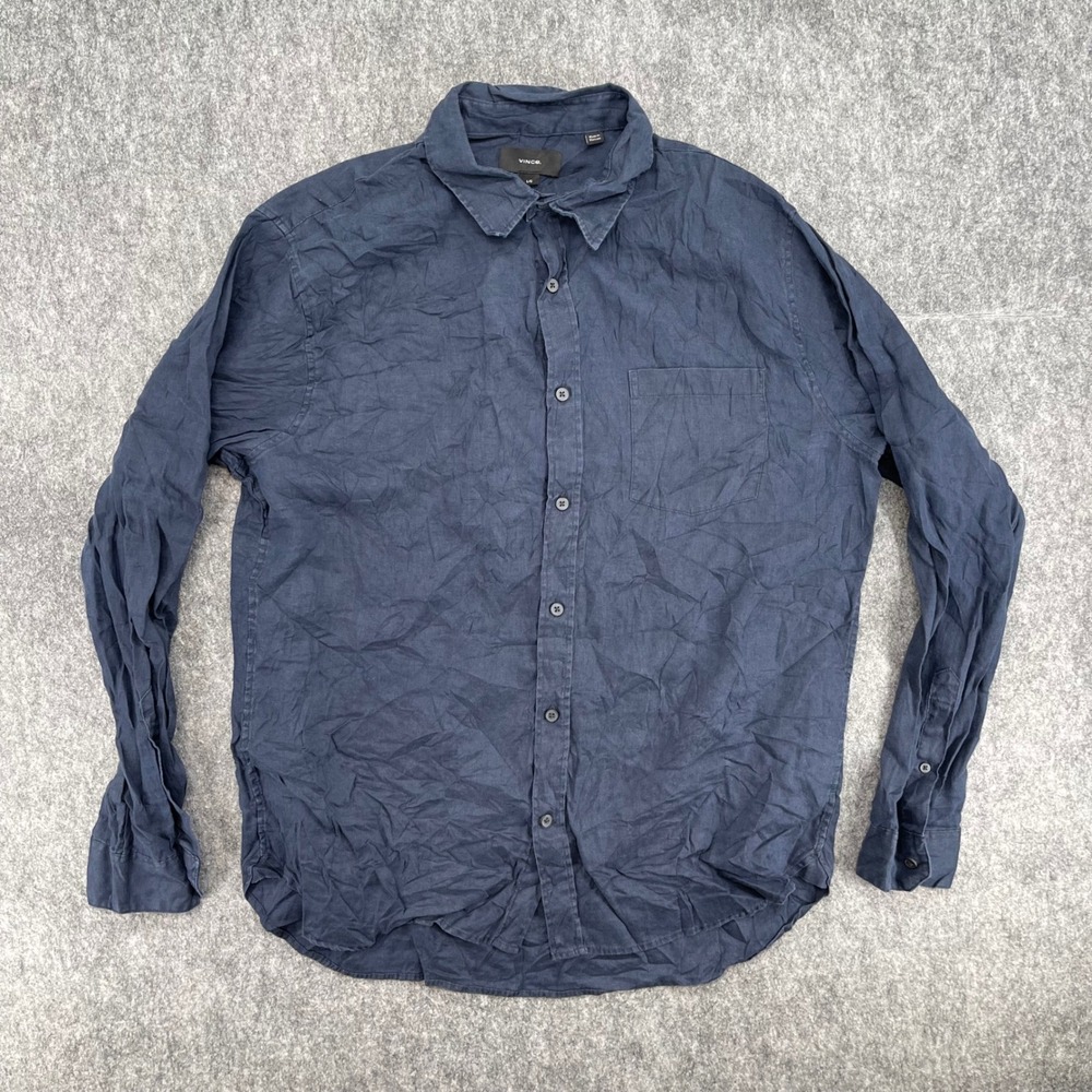 Vince Shirt Mens Large Navy Blue 100% Linen Long Sleeve Button Down Shirt